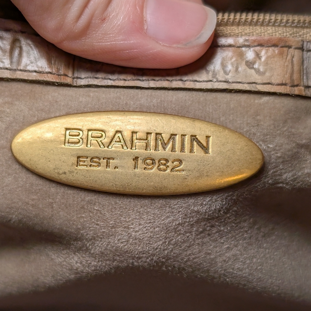 Vintage Brahmin Croc-Embossed Structured Leather Satchel | Beige | Gold Hardware - Picture 13 of 16